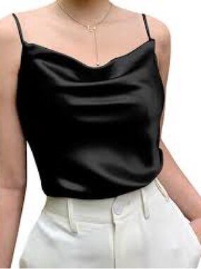 INTERMIX Black Silk Cowl Neck Spaghetti Strap Top